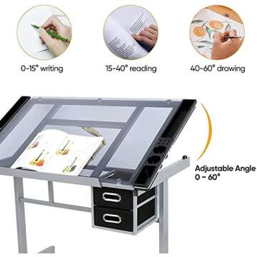 JupiterForce Adjustable Drafting Table Art Desk Drawing Table Versatile Art Craft Work Station Glass Tabletop w/2 Slide Drawers and Wheels for Reading, Writing, Painting Home Office