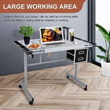 JupiterForce Adjustable Drafting Table Art Desk Drawing Table Versatile Art Craft Work Station Glass Tabletop w/2 Slide Drawers and Wheels for Reading, Writing, Painting Home Office