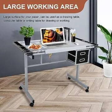 JupiterForce Adjustable Drafting Table Art Desk Drawing Table Versatile Art Craft Work Station Glass Tabletop w/2 Slide Drawers and Wheels for Reading, Writing, Painting Home Office