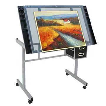 JupiterForce Adjustable Drafting Table Art Desk Drawing Table Versatile Art Craft Work Station Glass Tabletop w/2 Slide Drawers and Wheels for Reading, Writing, Painting Home Office