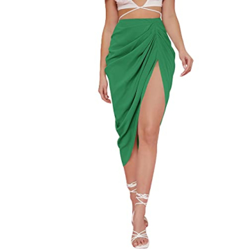 WDIRARA Women's Split Front High Waist Ruched Zip Back Bodycon Midi Skirt Green Plain L