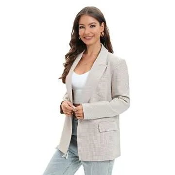 TRNY Women's Houndstooth Blazer Oversized Double-Breasted Suit Blazer Jacket Long Sleeve Casual Boyfriend Style Work Office Blazer with Pockets Mini Beige Houndstooth