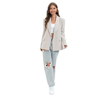 TRNY Women's Houndstooth Blazer Oversized Double-Breasted Suit Blazer Jacket Long Sleeve Casual Boyfriend Style Work Office Blazer with Pockets Mini Beige Houndstooth