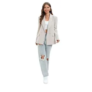 TRNY Women's Houndstooth Blazer Oversized Double-Breasted Suit Blazer Jacket Long Sleeve Casual Boyfriend Style Work Office Blazer with Pockets Mini Beige Houndstooth