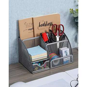 EasyPAG Mesh Desk Organizers and Accessories Pen Holder Multi-functional Stationery Caddy with Drawer for Office, Home, School, Classroom, Silver