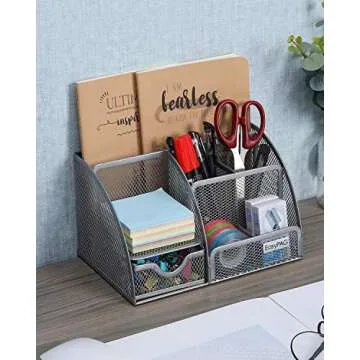 EasyPAG Mesh Desk Organizers and Accessories Pen Holder Multi-functional Stationery Caddy with Drawer for Office, Home, School, Classroom, Silver
