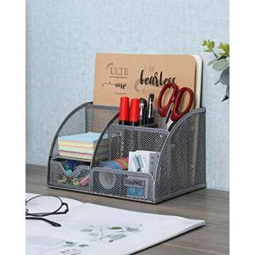 EasyPAG Mesh Desk Organizers and Accessories Pen Holder Multi-functional Stationery Caddy with Drawer for Office, Home, School, Classroom, Silver