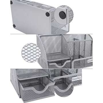 EasyPAG Mesh Desk Organizers and Accessories Pen Holder Multi-functional Stationery Caddy with Drawer for Office, Home, School, Classroom, Silver