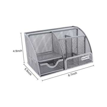 EasyPAG Mesh Desk Organizers and Accessories Pen Holder Multi-functional Stationery Caddy with Drawer for Office, Home, School, Classroom, Silver