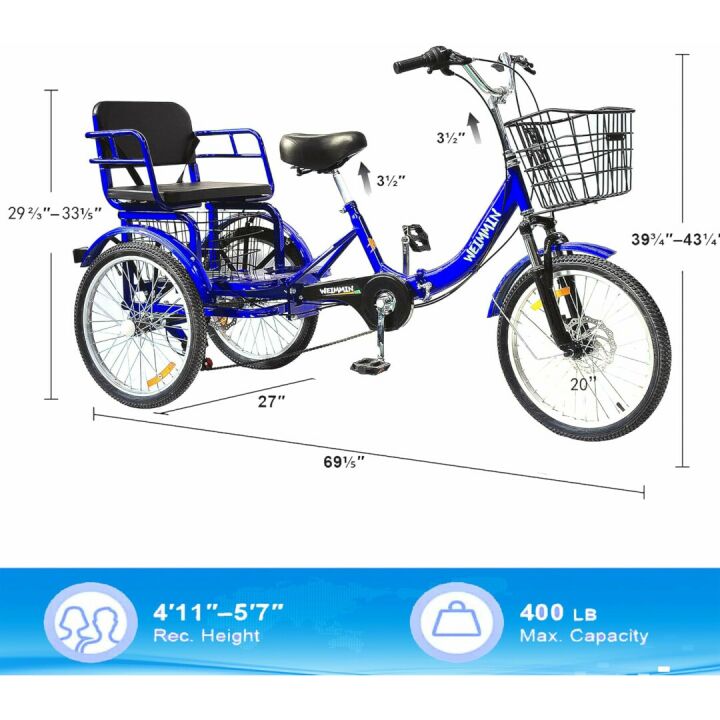 Folding 7 Speed Adult Tricycle with Baskets