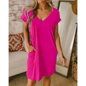 BTFBM Women V Neck Short Sleeve Summer Dresses 2025 Spring Casual Loose Tunic Short T-Shirt Dress Pa...