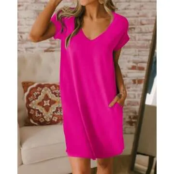 BTFBM Women V Neck Short Sleeve Summer Dresses 2025 Spring Casual Loose Tunic Short T-Shirt Dress Pajamas with Pockets(Rose Pink, Large)