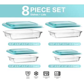 8-Piece Deep Glass Baking Dish Set with Plastic lids,Rectangular Glass Bakeware Set with Lids, Bakin...