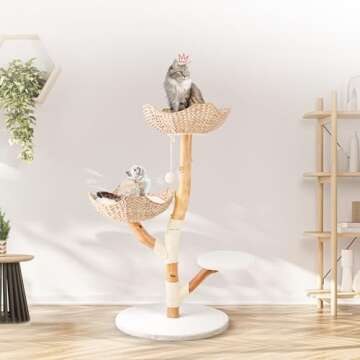 Real Wood Modern Cat Tree Tower for Indoor Cats Large Adult, Wooden Kitty Climbing Tower with Scratc...