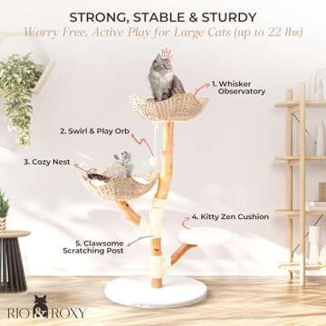 Real Wood Modern Cat Tree Tower for Indoor Cats Large Adult, Wooden Kitty Climbing Tower with Scratching Post and Bed, Boho Aesthetic Luxury Pet Furniture by Rio & Roxy