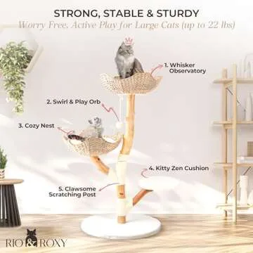 Real Wood Modern Cat Tree Tower for Indoor Cats Large Adult, Wooden Kitty Climbing Tower with Scratching Post and Bed, Boho Aesthetic Luxury Pet Furniture by Rio & Roxy