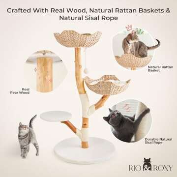 Real Wood Modern Cat Tree Tower for Indoor Cats Large Adult, Wooden Kitty Climbing Tower with Scratching Post and Bed, Boho Aesthetic Luxury Pet Furniture by Rio & Roxy
