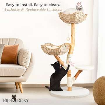 Real Wood Modern Cat Tree Tower for Indoor Cats Large Adult, Wooden Kitty Climbing Tower with Scratching Post and Bed, Boho Aesthetic Luxury Pet Furniture by Rio & Roxy