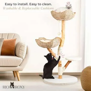 Real Wood Modern Cat Tree Tower for Indoor Cats Large Adult, Wooden Kitty Climbing Tower with Scratching Post and Bed, Boho Aesthetic Luxury Pet Furniture by Rio & Roxy
