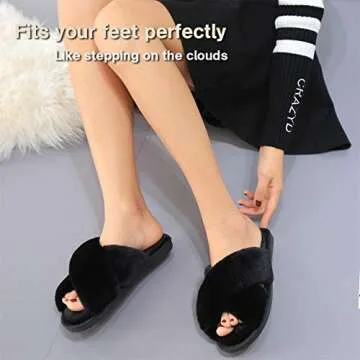 LZLER Women Fuzzy Fluffy Furry Slippers Fur Flip Flop Open Toe Slippers Cross Band Shoes Slides for Ladies House Home Indoor Outdoor(Black,11)