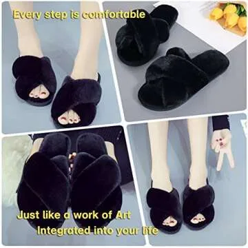 LZLER Women Fuzzy Fluffy Furry Slippers Fur Flip Flop Open Toe Slippers Cross Band Shoes Slides for Ladies House Home Indoor Outdoor(Black,11)