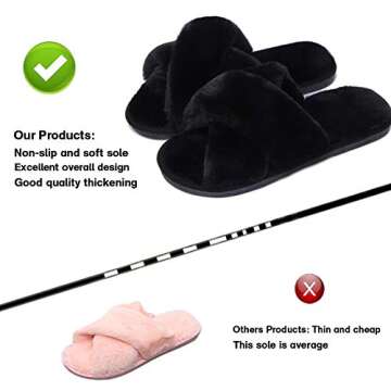 LZLER Women Fuzzy Fluffy Furry Slippers Fur Flip Flop Open Toe Slippers Cross Band Shoes Slides for Ladies House Home Indoor Outdoor(Black,11)