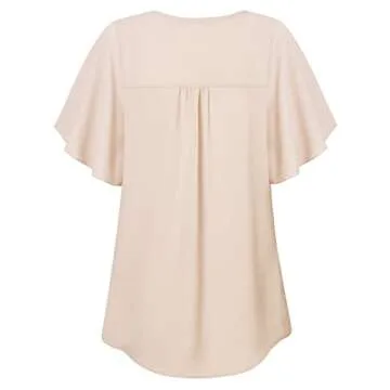 Bebonnie Pretty Women Casual Blouses,Ladies Tops Dressy Summer Formal Flutter Short Sleeve V Neck Loose Flowy Pleated Chiffon Blouse Tunic Tops Work Shirts for Women Business Casual Apricot XL