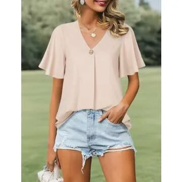 Bebonnie Pretty Women Casual Blouses,Ladies Tops Dressy Summer Formal Flutter Short Sleeve V Neck Loose Flowy Pleated Chiffon Blouse Tunic Tops Work Shirts for Women Business Casual Apricot XL