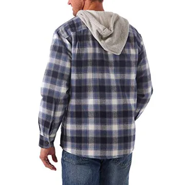 Wrangler Authentics Men's Long Sleeve Quilted Lined Flannel Shirt Jacket with Hood, Blue/Black, Large