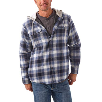 Wrangler Authentics Men's Long Sleeve Quilted Lined Flannel Shirt Jacket with Hood, Blue/Black, Large