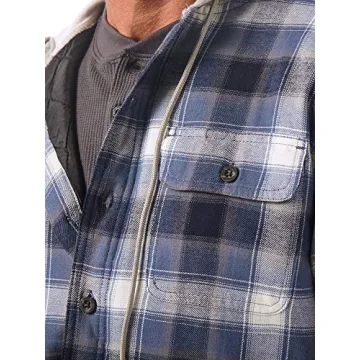 Wrangler Authentics Men's Long Sleeve Quilted Lined Flannel Shirt Jacket with Hood, Blue/Black, Large