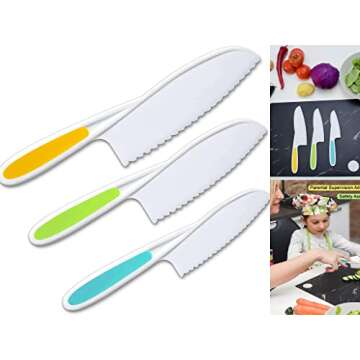 Leking 3 Pcs Kids Kitchen Knife, Plastic Serrated Edges Kids Knife Set for Cooking and Cutting Cakes, Fruits and Veggies, Perfectly Safe for Toddler Chef Knife Set for Kids Real Cooking
