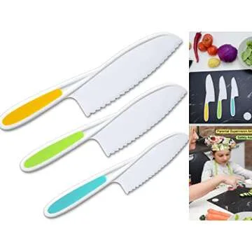 Leking 3 Pcs Kids Kitchen Knife, Plastic Serrated Edges Kids Knife Set for Cooking and Cutting Cakes, Fruits and Veggies, Perfectly Safe for Toddler Chef Knife Set for Kids Real Cooking