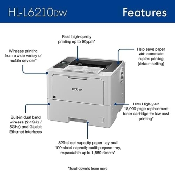 Brother HL-L6210DW Business Monochrome Laser Printer with Large Paper Capacity, Wireless Networking, and Duplex Printing, White