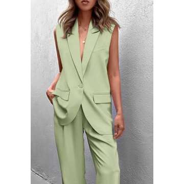 PRETTYGARDEN Women's 2 Piece Suit Sets Notched Lapel Blazer and Palazzo Pants Sets Work Office Clothes (Light Green,Medium)