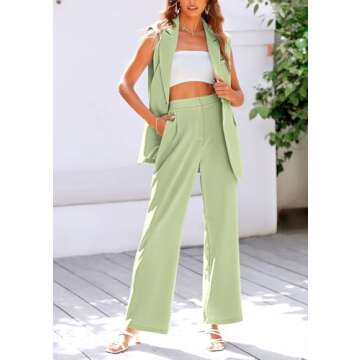 PRETTYGARDEN Women's 2 Piece Suit Sets Notched Lapel Blazer and Palazzo Pants Sets Work Office Clothes (Light Green,Medium)