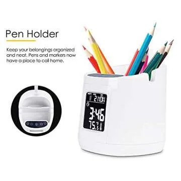 Donewin LED Desk Lamp for Home Office, Clock Lamp, Desk Light with Pen Holder&Phone Holder, Battery Operated Lamp, Kids Lamp for Girls/Boys, Study Lamp, 3 Color Modes&Stepless Dimming