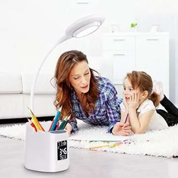 Donewin LED Desk Lamp for Home Office, Clock Lamp, Desk Light with Pen Holder&Phone Holder, Battery Operated Lamp, Kids Lamp for Girls/Boys, Study Lamp, 3 Color Modes&Stepless Dimming