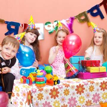 Juweked 3Pcs Daisy Tablecloth Rectangle Groovy Table Cloth Plastic Hippie Tablecloth Daisy Table Dec...