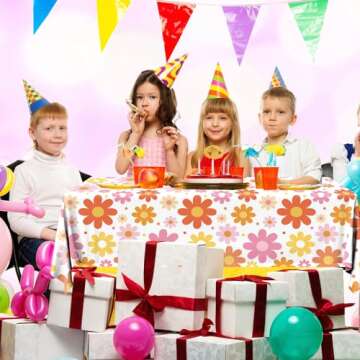 Juweked 3Pcs Daisy Tablecloth Rectangle Groovy Table Cloth Plastic Hippie Tablecloth Daisy Table Decoration Retro Tablecloth Flower Table Cover Boho Daisy Baby Shower Decorations, 70.8" x 42.5"