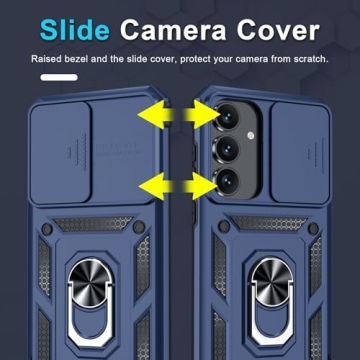 Janmitta Compatible with Samsung Galaxy S25 FE Case Built in Slide Camera Lens Cover+Screen Protector+Finger Ring Holder Kickstand,Heavy Duty Shockproof Full Body Phone Cover,2025 Blue