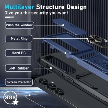 Janmitta Compatible with Samsung Galaxy S25 FE Case Built in Slide Camera Lens Cover+Screen Protector+Finger Ring Holder Kickstand,Heavy Duty Shockproof Full Body Phone Cover,2025 Blue