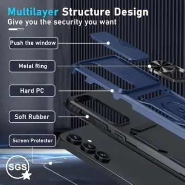 Janmitta Compatible with Samsung Galaxy S25 FE Case Built in Slide Camera Lens Cover+Screen Protector+Finger Ring Holder Kickstand,Heavy Duty Shockproof Full Body Phone Cover,2025 Blue