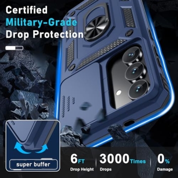Janmitta Compatible with Samsung Galaxy S25 FE Case Built in Slide Camera Lens Cover+Screen Protector+Finger Ring Holder Kickstand,Heavy Duty Shockproof Full Body Phone Cover,2025 Blue