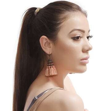 D EXCEED Ethnic Statement Thread Tassel Earrings Bohemian Beaded Glass Cluster Tassel Dangle Drop Ea...