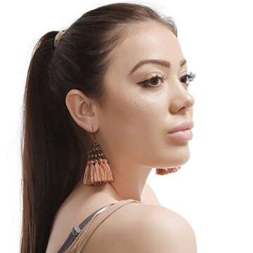 D EXCEED Ethnic Statement Thread Tassel Earrings Bohemian Beaded Glass Cluster Tassel Dangle Drop Earrings for Women Coral Series