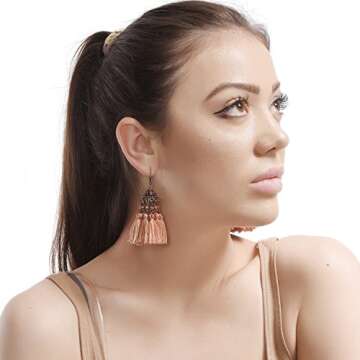 D EXCEED Ethnic Statement Thread Tassel Earrings Bohemian Beaded Glass Cluster Tassel Dangle Drop Earrings for Women Coral Series