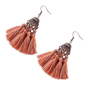 D EXCEED Ethnic Statement Thread Tassel Earrings Bohemian Beaded Glass Cluster Tassel Dangle Drop Earrings for Women Coral Series