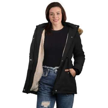 4HOW Women's Hooded Parka Puffer Jacket Thickened Fleece lined Winter Coats Long Down Windbreaker with Faux Fur Trimmed Black Size L