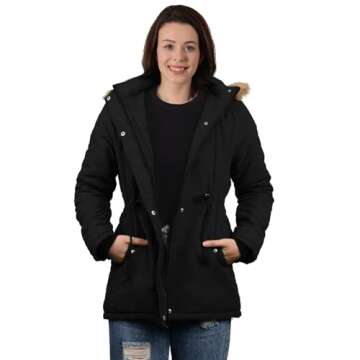 4HOW Women's Hooded Parka Puffer Jacket Thickened Fleece lined Winter Coats Long Down Windbreaker with Faux Fur Trimmed Black Size L